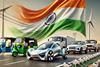 DALL·E 2025-03-17 18.47.45 - An artistic depiction of Indian electric vehicles in front of a large Indian national flag as the backdrop. The scene features only realistic electric