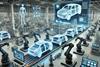 DALL·E 2025-03-19 14.22.21 - A futuristic automotive manufacturing facility showcasing digitalization in operations. The scene features robotic arms assembling high-tech vehicles