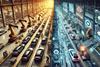 DALL·E 2025-03-25 20.29.59 - A split digital artwork viewed from above, looking directly down the center of an automotive manufacturing line. The left side features a realistic in
