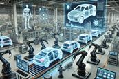 DALL·E 2025-03-19 14.22.21 - A futuristic automotive manufacturing facility showcasing digitalization in operations. The scene features robotic arms assembling high-tech vehicles