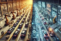 DALL·E 2025-03-25 20.29.59 - A split digital artwork viewed from above, looking directly down the center of an automotive manufacturing line. The left side features a realistic in