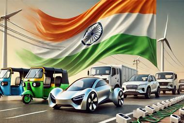 DALL·E 2025-03-17 18.47.45 - An artistic depiction of Indian electric vehicles in front of a large Indian national flag as the backdrop. The scene features only realistic electric