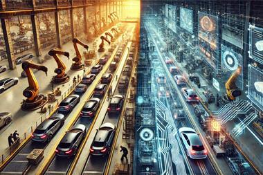 DALL·E 2025-03-25 20.29.59 - A split digital artwork viewed from above, looking directly down the center of an automotive manufacturing line. The left side features a realistic in