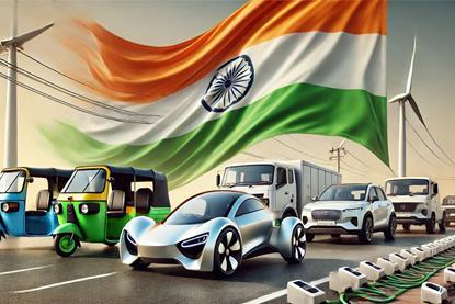 DALL·E 2025-03-17 18.47.45 - An artistic depiction of Indian electric vehicles in front of a large Indian national flag as the backdrop. The scene features only realistic electric