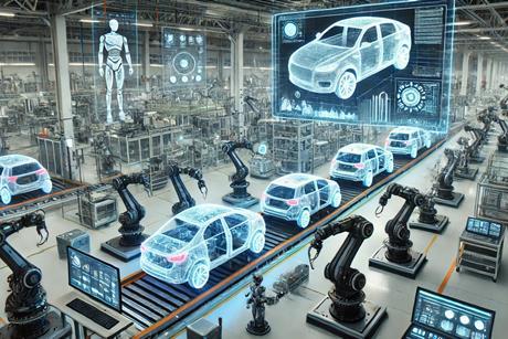 DALL·E 2025-03-19 14.22.21 - A futuristic automotive manufacturing facility showcasing digitalization in operations. The scene features robotic arms assembling high-tech vehicles