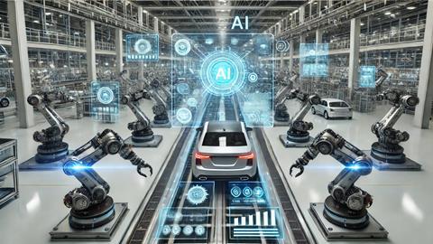 DALL·E 2025-01-29 19.46.56 - A futuristic automotive manufacturing facility showcasing AI-driven automation. The scene includes robotic arms assembling vehicles on a high-tech pro