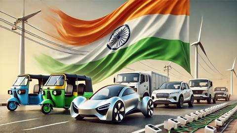 DALL·E 2025-03-17 18.47.45 - An artistic depiction of Indian electric vehicles in front of a large Indian national flag as the backdrop. The scene features only realistic electric