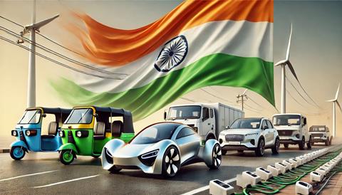 DALL·E 2025-03-17 18.47.45 - An artistic depiction of Indian electric vehicles in front of a large Indian national flag as the backdrop. The scene features only realistic electric