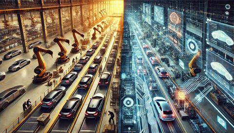 DALL·E 2025-03-25 20.29.59 - A split digital artwork viewed from above, looking directly down the center of an automotive manufacturing line. The left side features a realistic in