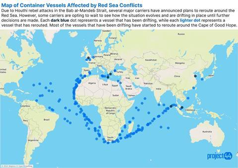 Map of container vessels affected by red Sea conflicts. Dark blue dots represent vessels that have been drifting and light blue dots represent vessels that have rerouted