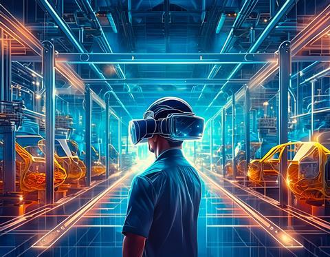 Firefly A virtual automotive production network, superimposed by large translucent VR Goggles. 69586