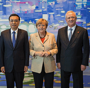 From left: Li Keqiang, Angela Merkel, Michael Winterkorn